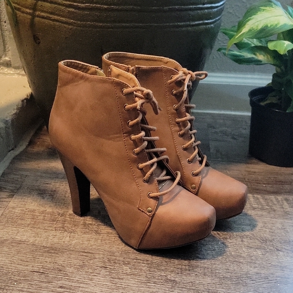 Charlotte Russe Brown Heeled Lace-Up Boots